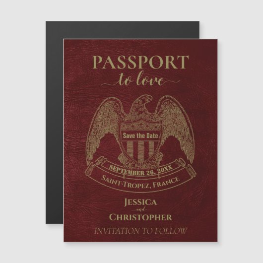 Invitation Magnétique Mariage Burgundy Red Passport Enregistrer la date (Devant / Derrière)