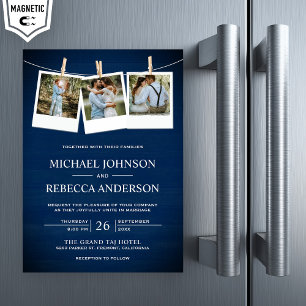 Invitation Magnétique Mariage Collage Photo en Bois de Grange Bleu Marin