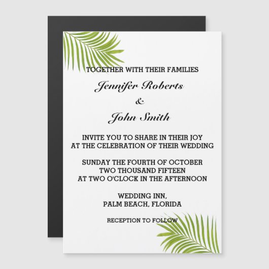 Invitation Magnétique Mariage d'aquarelle verte de la feuillage des palm (Devant / Derrière)