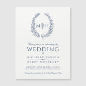 Invitation Magnétique Mariage d'art de ligne ovale feuille bleu et blanc (Devant)