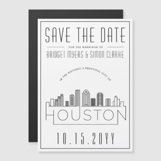 Invitation Magnétique Mariage de Houston | Skyline stylisée Enregistrer (Devant / Derrière)