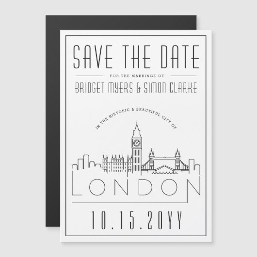 Invitation Magnétique Mariage de Londres | Skyline stylisée Enregistrer  (Devant / Derrière)