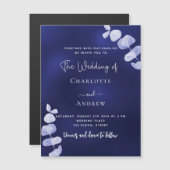 Invitation Magnétique Mariage de luxe à l'eucalyptus bleu marine (Devant / Derrière)