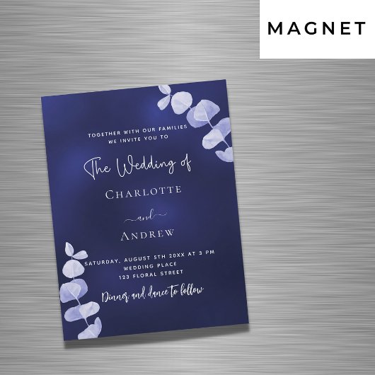 Invitation Magnétique Mariage de luxe à l'eucalyptus bleu marine