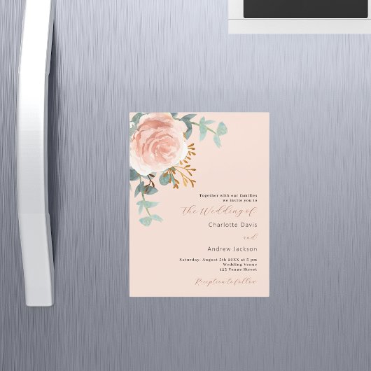 Invitation Magnétique Mariage de luxe aux fleurs de rose doré et verdure