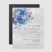 Invitation Magnétique Mariage de luxe florale bleu argent (Devant / Derrière)