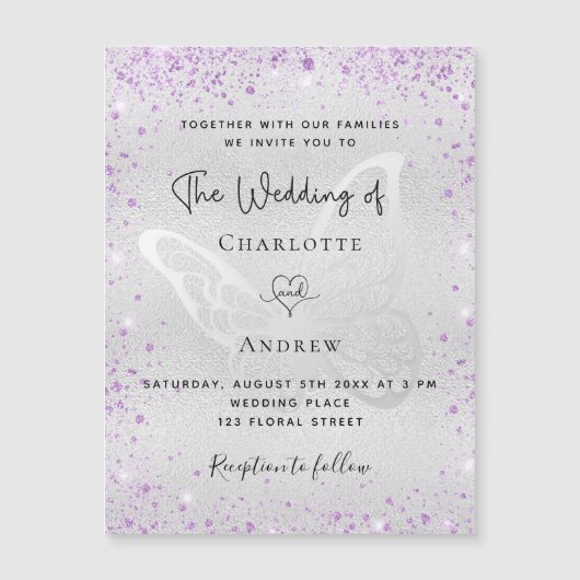 Invitation Magnétique Mariage de luxe papillon violet argent (Devant)