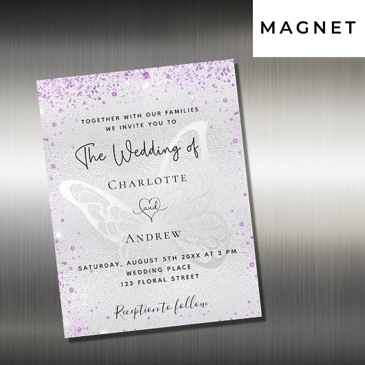 Invitation Magnétique Mariage de luxe papillon violet argent