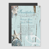 Invitation Magnétique Mariage de plage élégant en bois Coquillages Bleus (Devant / Derrière)
