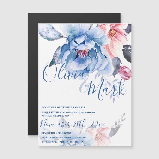 Invitation Magnétique Mariage de script Floral Aquarelle Bleue (Devant / Derrière)