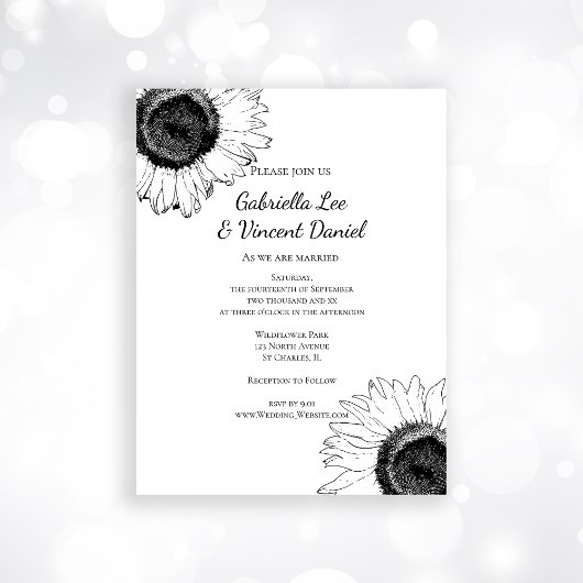 Invitation Magnétique Mariage de tournesols noir et blanc