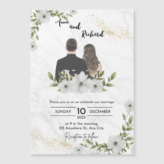 Invitation Magnétique Mariage d'illustration blanc et vert (Devant)