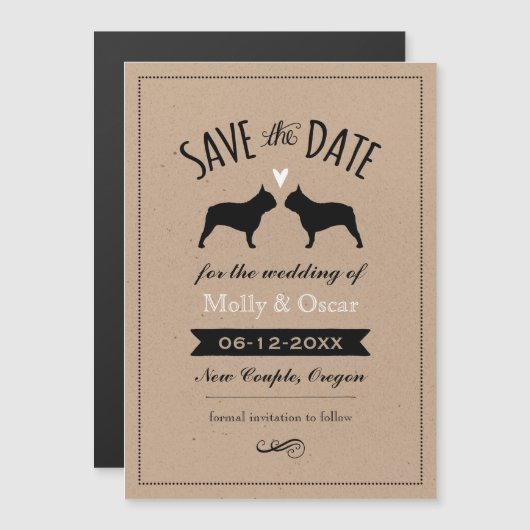 Invitation Magnétique Mariage en silhouettes Bulldog français Enregistre (Devant / Derrière)
