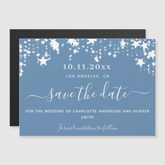 Invitation Magnétique Mariage étoile blanche bleu Dusty enregistrer l'ai (Devant / Derrière)