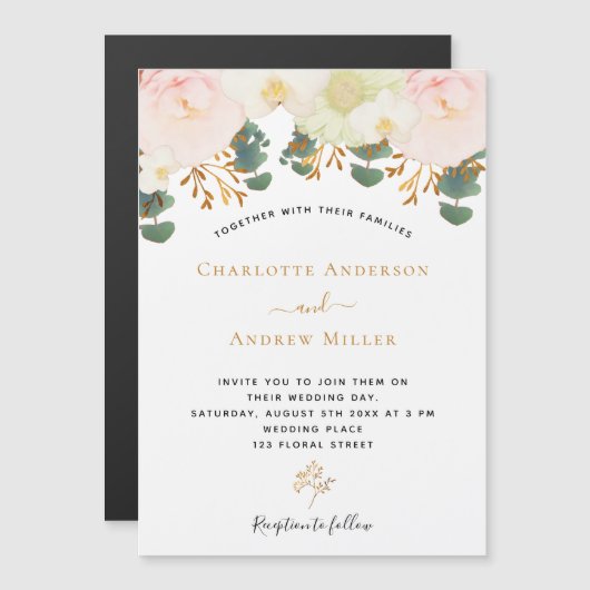 Invitation Magnétique Mariage floral blanc rose or verdure (Devant / Derrière)