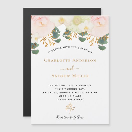 Invitation Magnétique Mariage floral blanc rose or vert (Devant / Derrière)