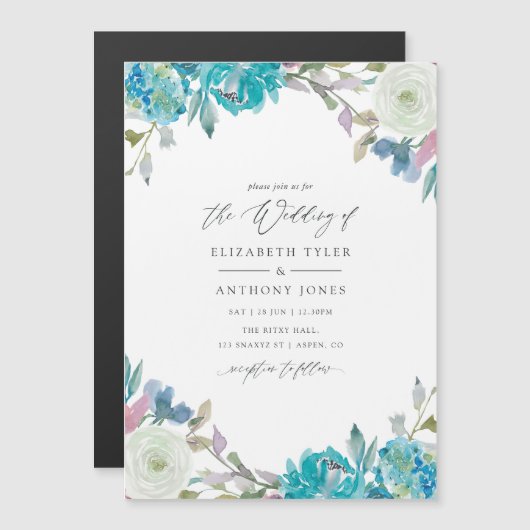 Invitation Magnétique Mariage floral bleu et turquoise (Devant / Derrière)