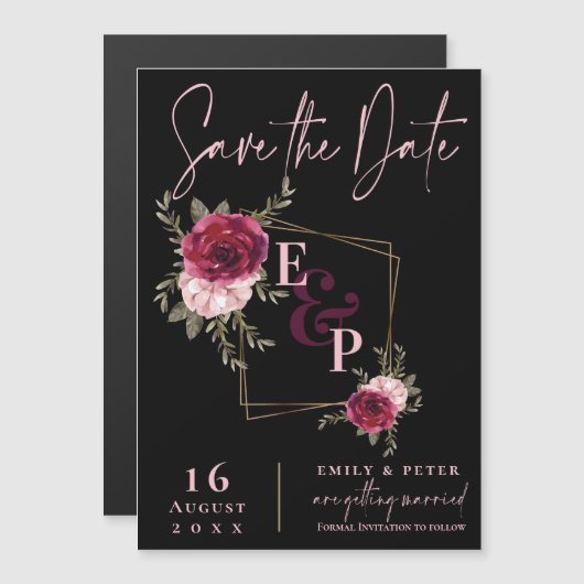 Invitation Magnétique Mariage floral rose bordeaux Enregistrer la date (Devant / Derrière)