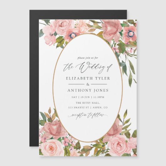 Invitation Magnétique Mariage floral rose et or (Devant / Derrière)