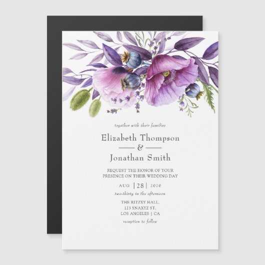 Invitation Magnétique Mariage floral violet (Devant / Derrière)