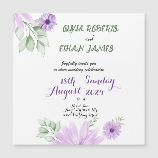 Invitation Magnétique Mariage floral violet couleur aquarelle personnali (Devant)