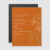 Invitation Magnétique Mariage ginkgo feuille brûlé or orange luxe (Devant / Derrière)