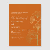 Invitation Magnétique Mariage ginkgo feuille brûlé or orange luxe (Devant)