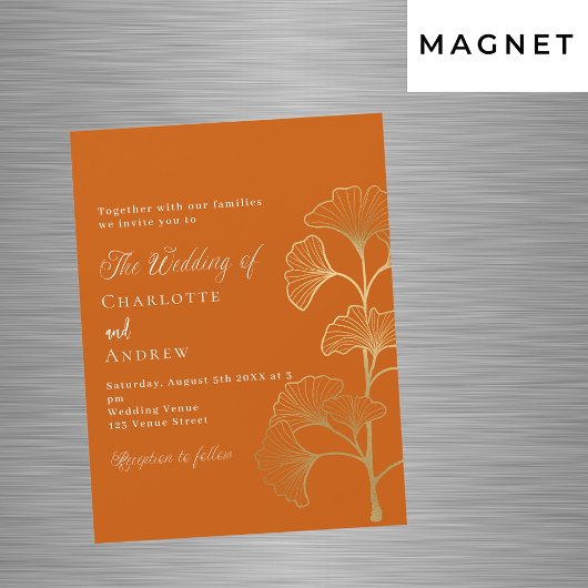 Invitation Magnétique Mariage ginkgo feuille brûlé or orange luxe