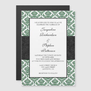 Invitation Magnétique Mariage magnétique en noir vert Damas invite
