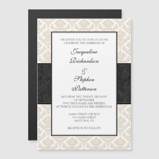 Invitation Magnétique Mariage magnétique Tan Beige Black Damask (Devant / Derrière)