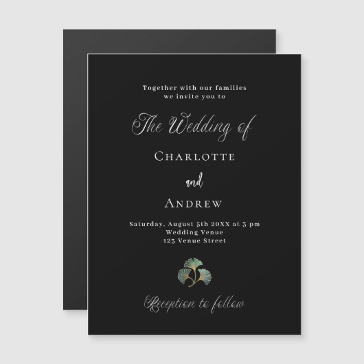 Invitation Magnétique Mariage noir vert ginkgo feuille script luxe (Devant / Derrière)