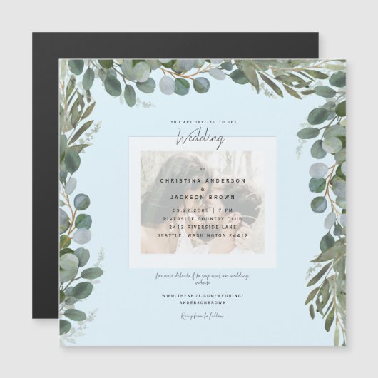 Invitation Magnétique Mariage photo Blue Eucalyptus Foliage (Devant / Derrière)