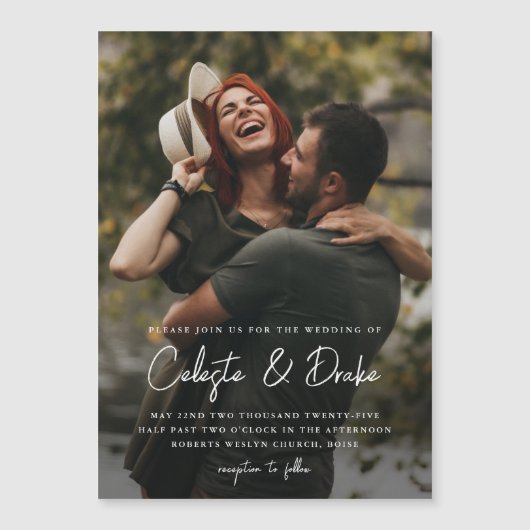 Invitation Magnétique Mariage photo de script moderne (Devant)