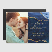 Invitation Magnétique Mariage PHOTO moderne en marbre bleu or (Devant / Derrière)