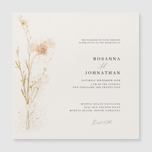Invitation Magnétique Mariage Romantique Gold & Blush Pressé Fleurs (Devant)