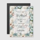Invitation Magnétique Mariage vert poussiéreux fleuris blanc élégant lux (Devant / Derrière)