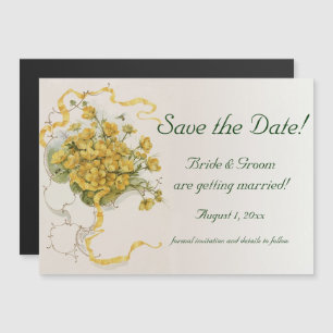 Invitation Magnétique Mariage Vintage, Fleurs de Bouton d'Or Jaunes et A