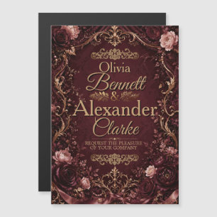 Invitation Magnétique Mariage Vintage Floral Élégant Bourgogne Or