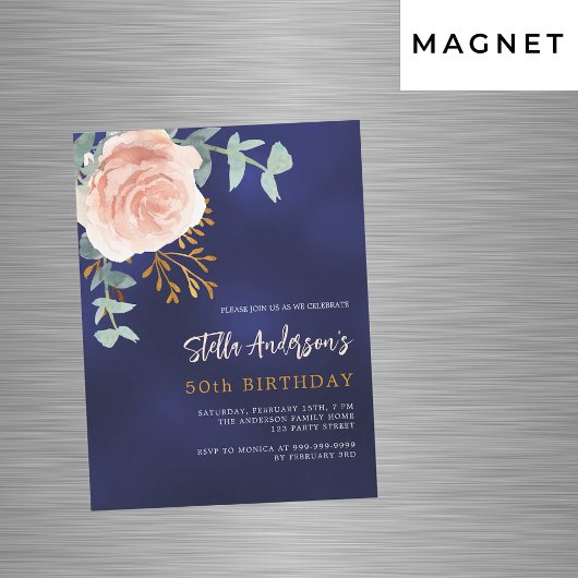 Invitation Magnétique Marine bleu rose or fleuri vert luxe anniversaire