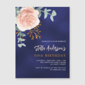 Invitation Magnétique Marine bleu rose or fleuri vert luxe anniversaire (Devant)