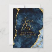 Invitation Magnétique Marine Blue Gold Foil Agate Mariage Enregistrer la (Recto)