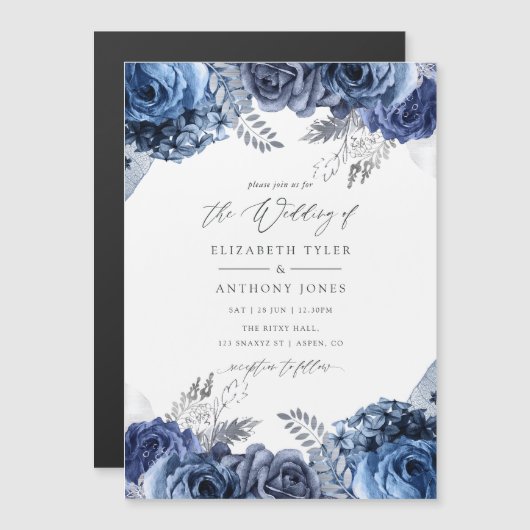 Invitation Magnétique Marine et blanc avec Mariage floral à huile d'arge (Devant / Derrière)
