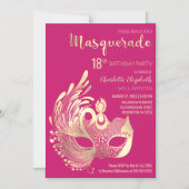 Invitation Magnétique Mascarade d'or rose fille 18e fête d'anniversaire (Recto)
