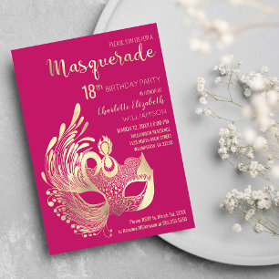 Invitation Magnétique Mascarade d'or rose fille 18e fête d'anniversaire