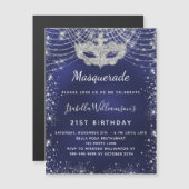 Invitation Magnétique Masquerade marine bleu argent fête d'anniversaire (Devant / Derrière)