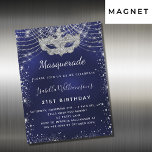 Invitation Magnétique Masquerade marine bleu argent fête d'anniversaire<br><div class="desc">Pour une mascarade élégante, fête d'anniversaire de 21ème (ou tout âge). Arrière - plan bleu marine tendance, la couleur bleue est inégale. Décoré avec de la poussière de parties scintillant en faux argent et un masque masqué. Personnalisez et ajoutez un nom, un âge et des détails de la fête. Le...</div>