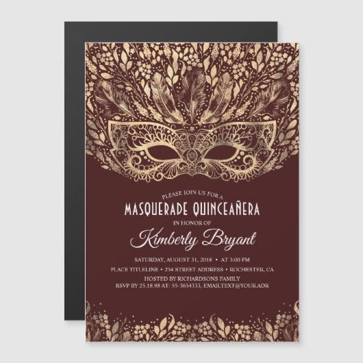 INVITATION MAGNÉTIQUE MASQUERADE QUINCEANERA 15E ANNIVERSAIRE (Devant / Derrière)