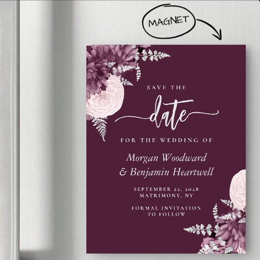 Invitation Magnétique Mauve Silver Floral Wedding Save the Date