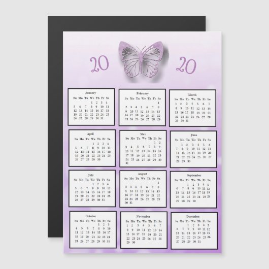 Invitation Magnétique Mini-Calendrier Purple Butterfly 2020 (Devant / Derrière)