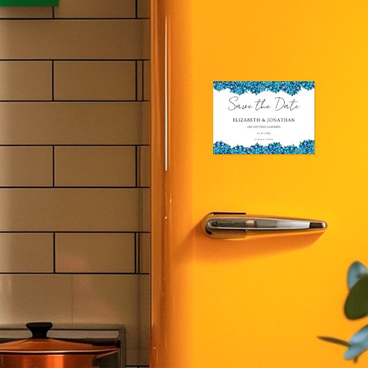 Invitation Magnétique Modern Blue Hydrangeas Navy Blue Striped Wedding